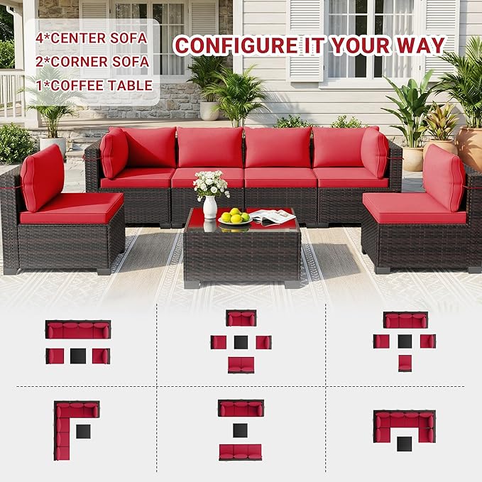 CHABATREE 7pcs Outdoor Patio Furniture Sets, Rattan Conversation Sectional Set - Image 6