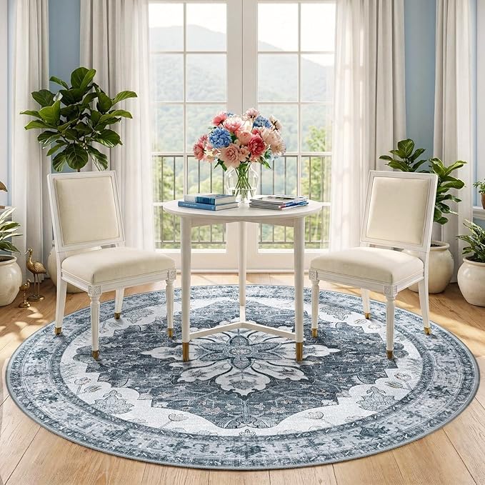 RELEANY Area Rugs Round 5ft Washable Non-Slip, Floral Vintage Distress Print - Image 2