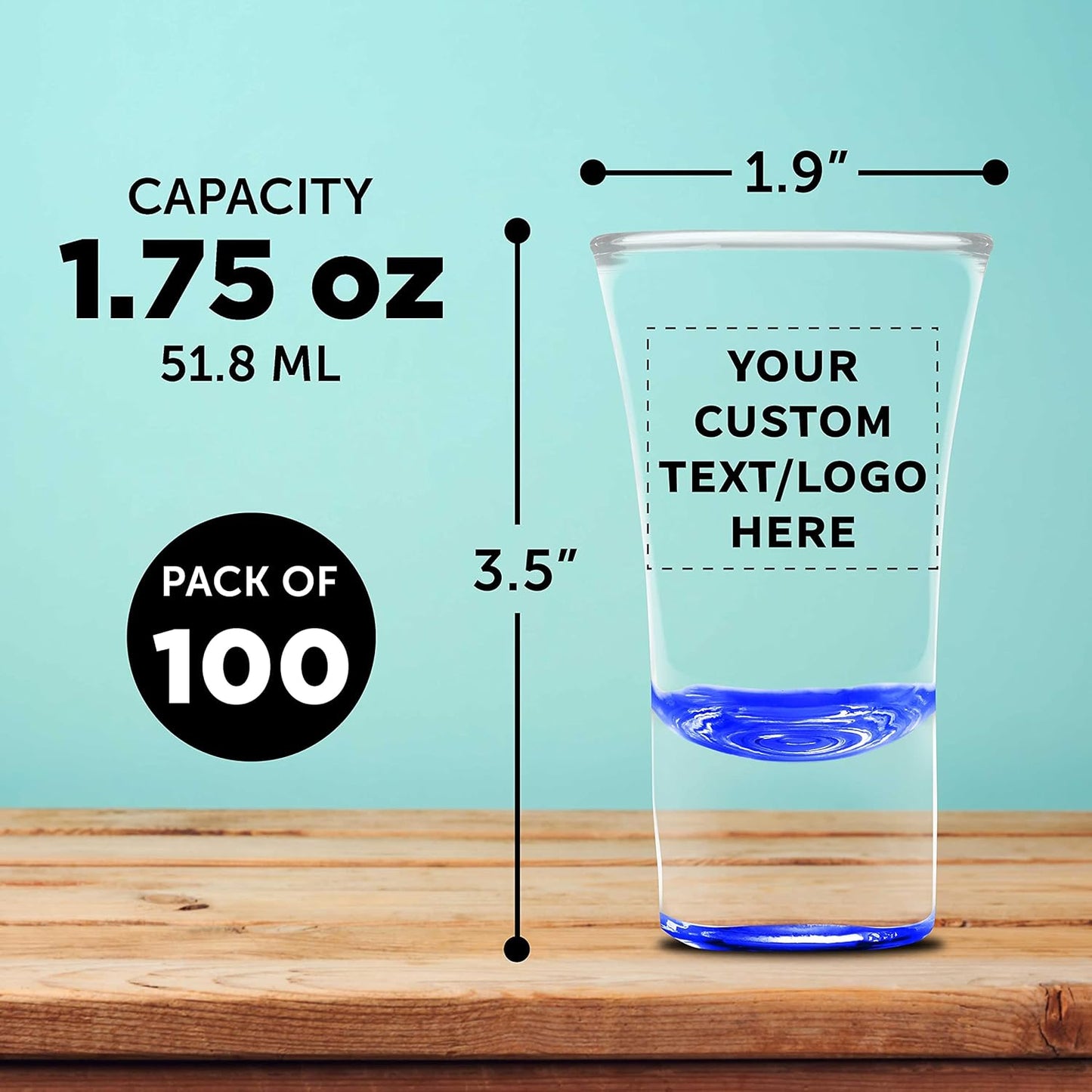 Custom 2 oz. Lord Shooter Etched Shot Glasses, 100 pack, Personalized Text, Logo, 21st Birthday Party, Lounge Glassware, Blue