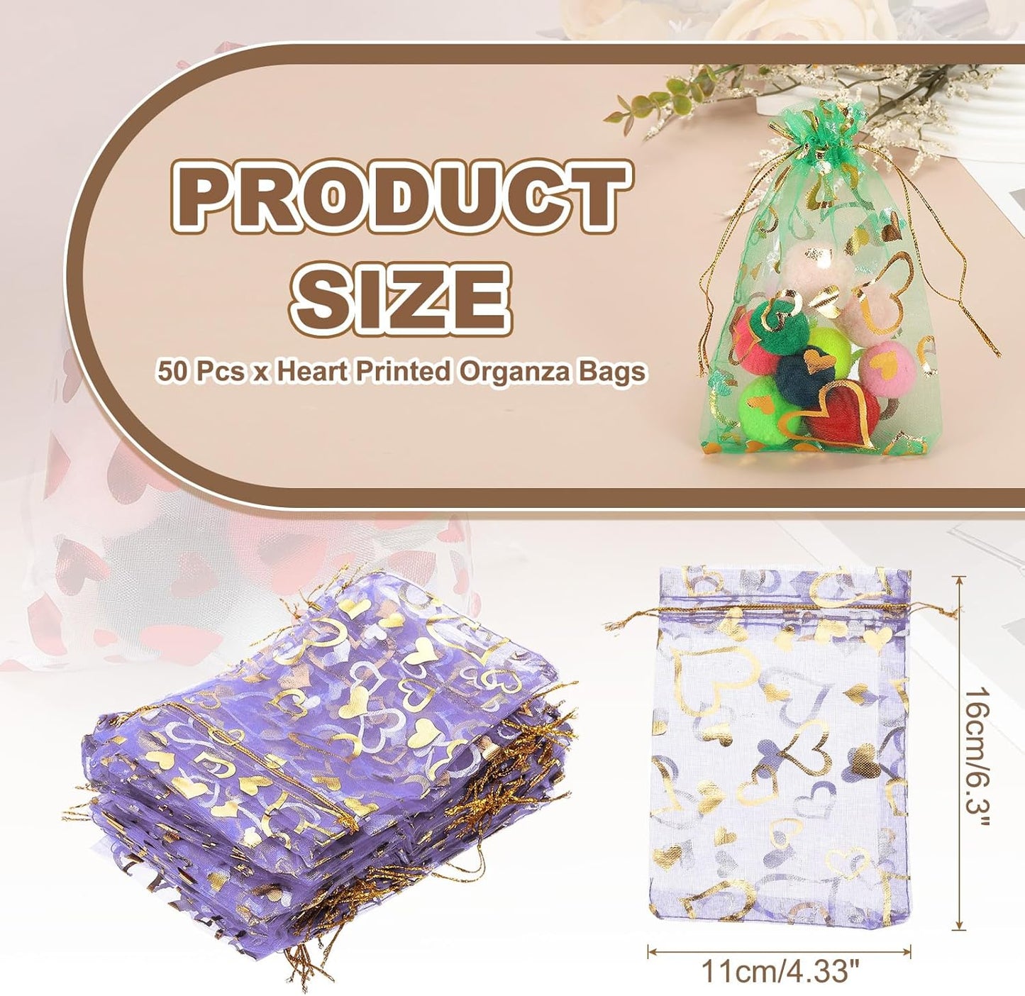 PATIKIL 50 Pcs 4x6 Inch Heart Printed Organza Bags, Purple Sheer Heart Organza Bags with Drawstring for Christmas Candy Jewelry Party Wedding Favor Gift