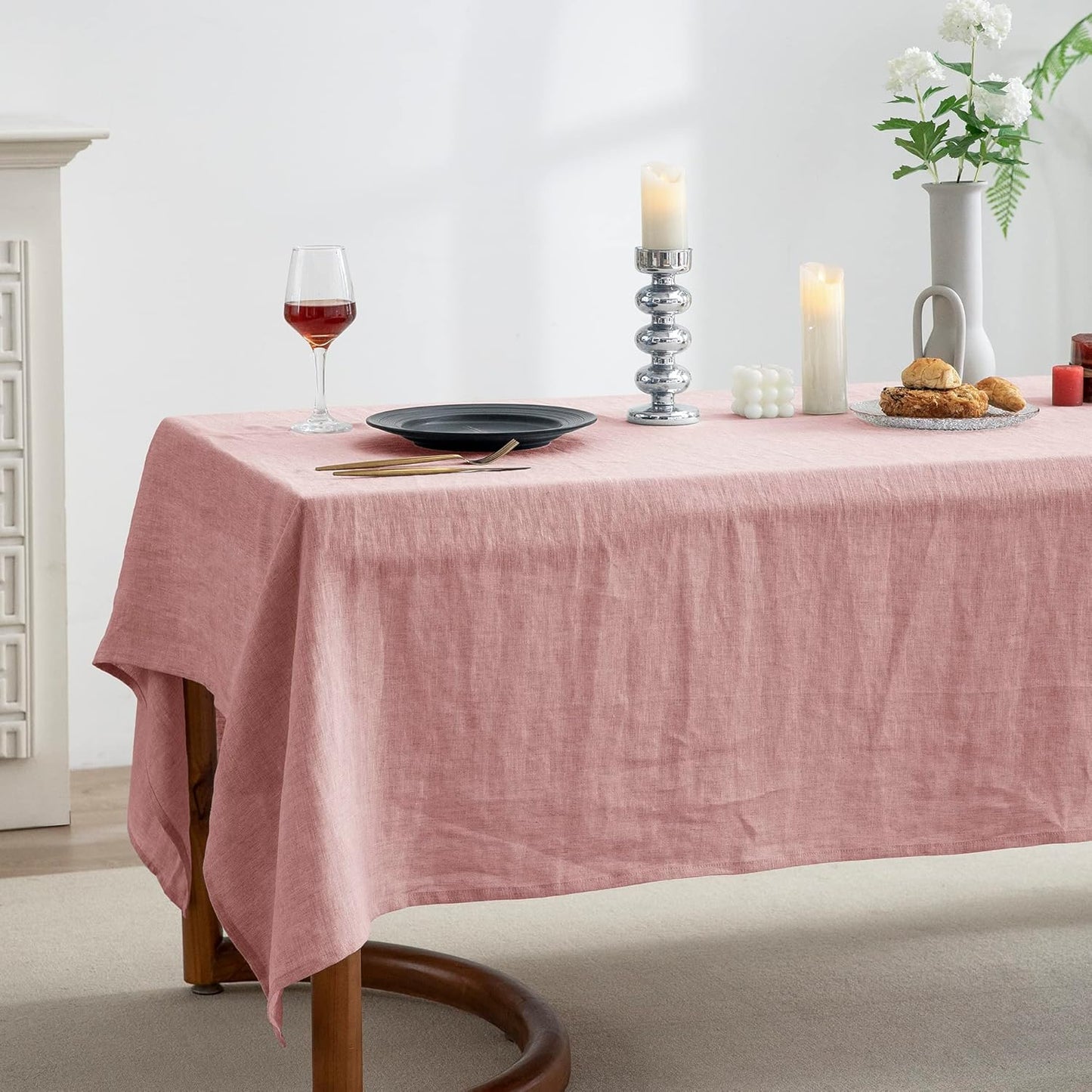 EVERLY 100% Pure Linen Rectangle Tablecloths 60x84Inches for Dining,Buffet Parties,Picnic,Events,Weddings and Restaurants,Decorative Halloween,Thanksgiving Machine Washable Tablecloths-Muddy Pink