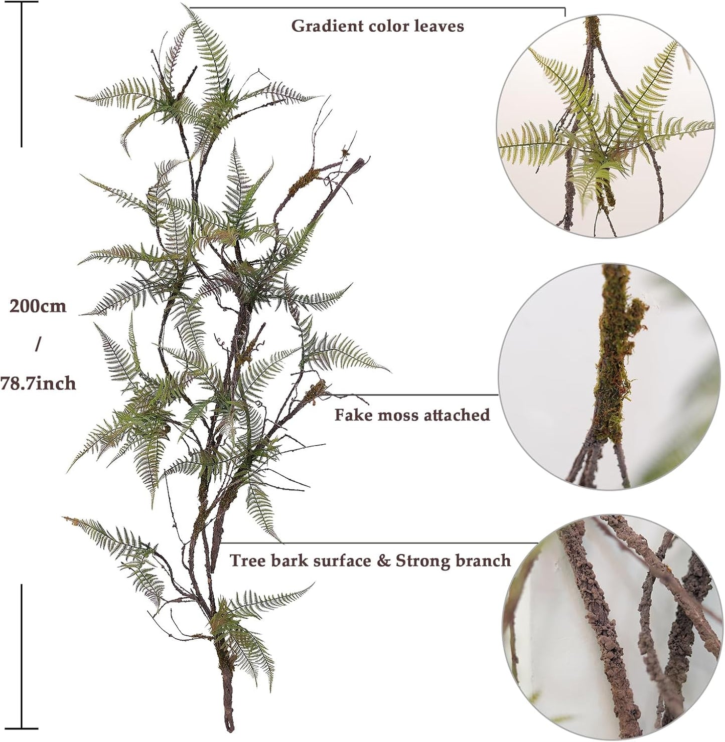 78.7 in Height Set of Artificial Tree Branches with 4pcs Persian Fern Leaves Fake Tree Vines Trunk Twigs Silk Moss Green Plants for Wall Hanging Home Wedding Backdrop Room Shop Decoration