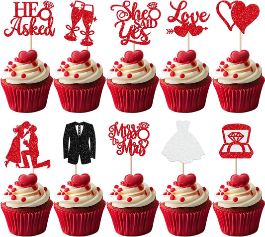 30 Pack Bride to be Cupcake Toppers Glitter Diamond Ring Love I Do Cupcake Picks Miss to Mrs He Asked She Said Yes Bridal Shower Wedding Engagement Bachelorette Cake Decorations Party Red