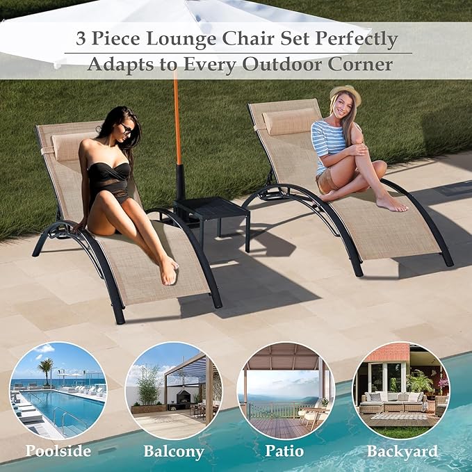EROMMY Outdoor Chaise Lounge Set of 3, Reclining Patio Chairs - Image 7