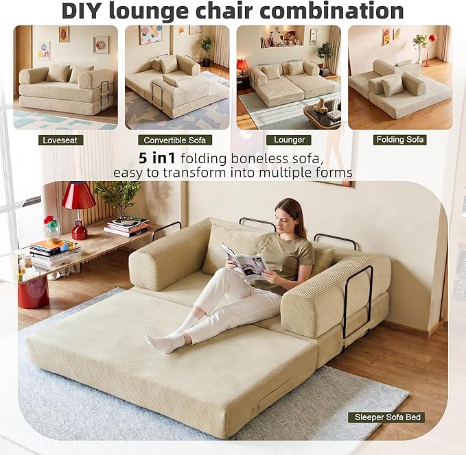 59in Convertible Sofa Bed, Corduroy Boneless Couch Bed, Futon Sleeper Sofa Pull - Image 3
