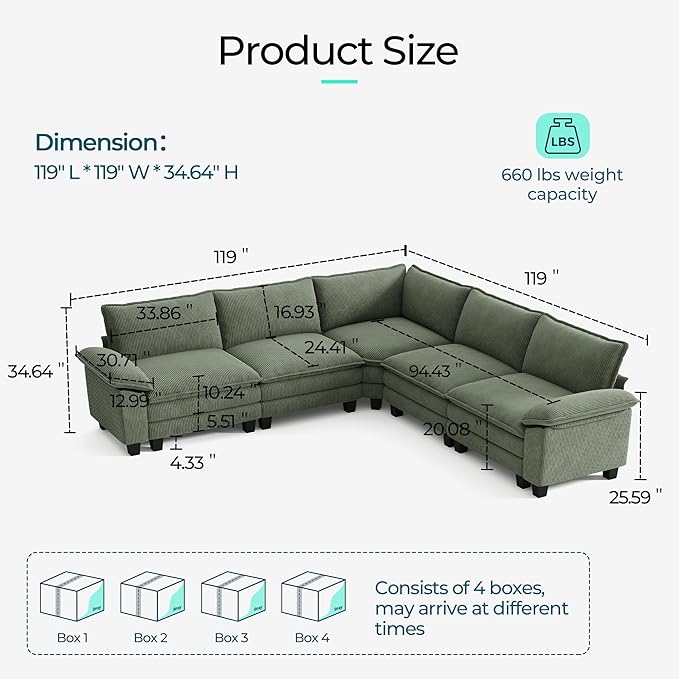 LINSY HOME Modular Sectional Sofa, 5-Seat Corduroy Modern Cloud Couch - Image 2