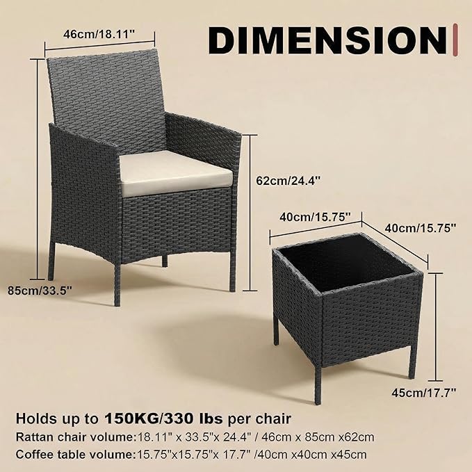 GarveeHome 3-Piece Patio Bistro Set, PE Rattan Outdoor Conversation Furniture - Image 2