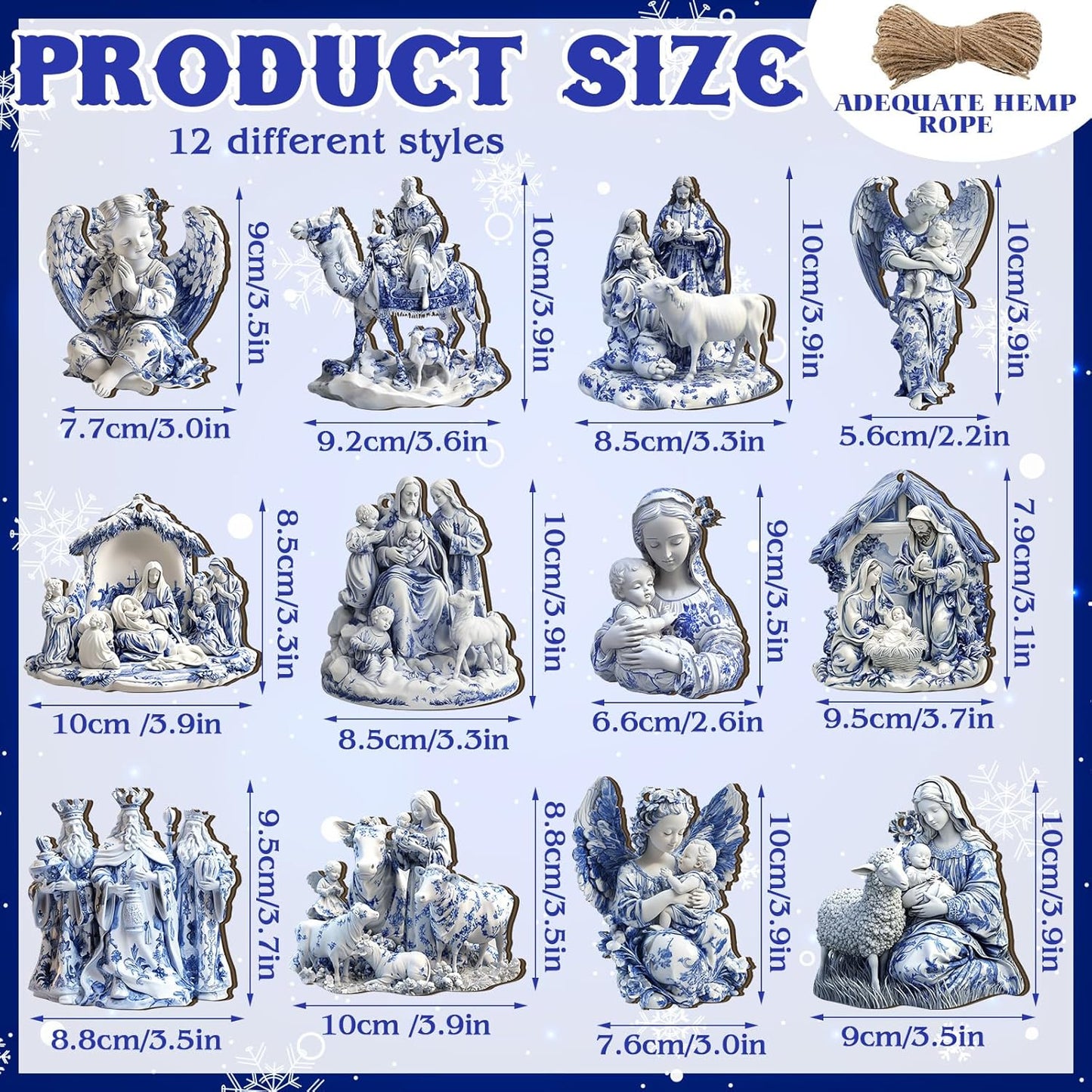 Suzile 36 Pcs Christmas Wooden Ornaments Nativity Scene Tree Decorations Vintage Blue and White Chinoiserie Christian Religion Hanging Decorations for Tree Wreaths Xmas Hanging Wood Cutouts for Home