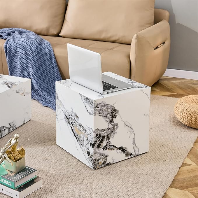 Side Table, End Table with White Marble Grain, Modern Beside Sofa Couch Tables - Image 3
