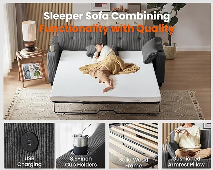 Queen Size Pull Out Sleeper Sofa Bed, 2-in-1 Convertible Corduroy Pull Out - Image 5