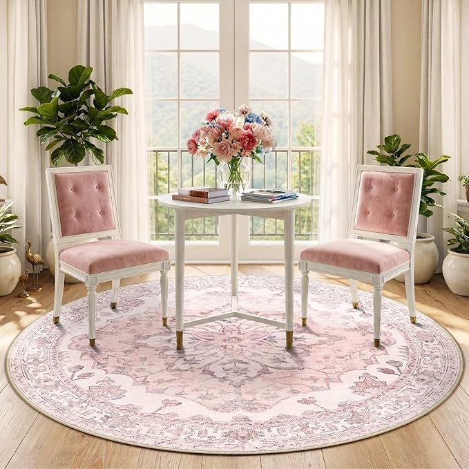 RELEANY Area Rugs Round 5ft Washable Non-Slip, Floral Vintage Distress Print - Image 2