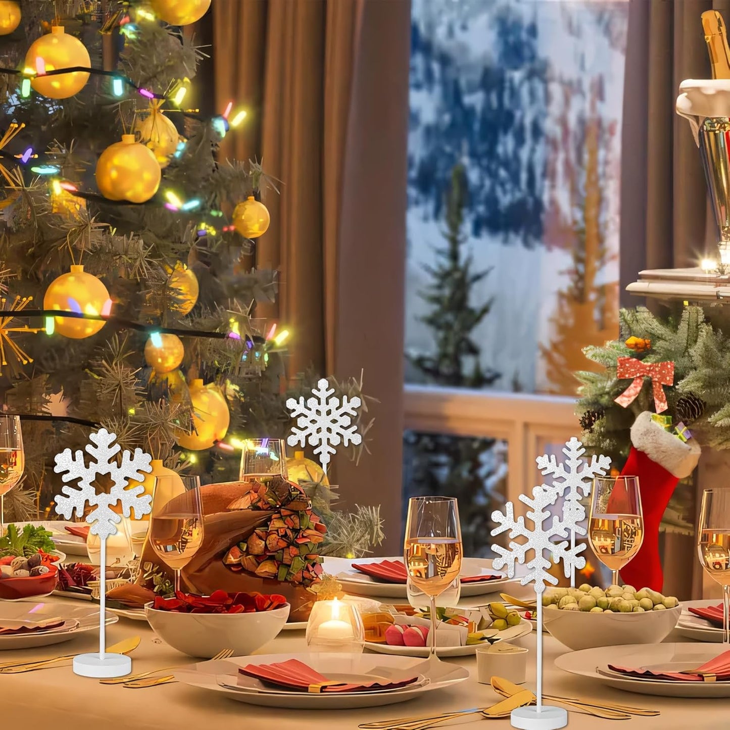 5 Pcs Wooden Christmas Snowflake Sign Winter White Glitter Snowflake Decorations Holiday Wonderland Snowflake Wood Stand Signs for Xmas Party Home Tabletop Tiered Tray Decor