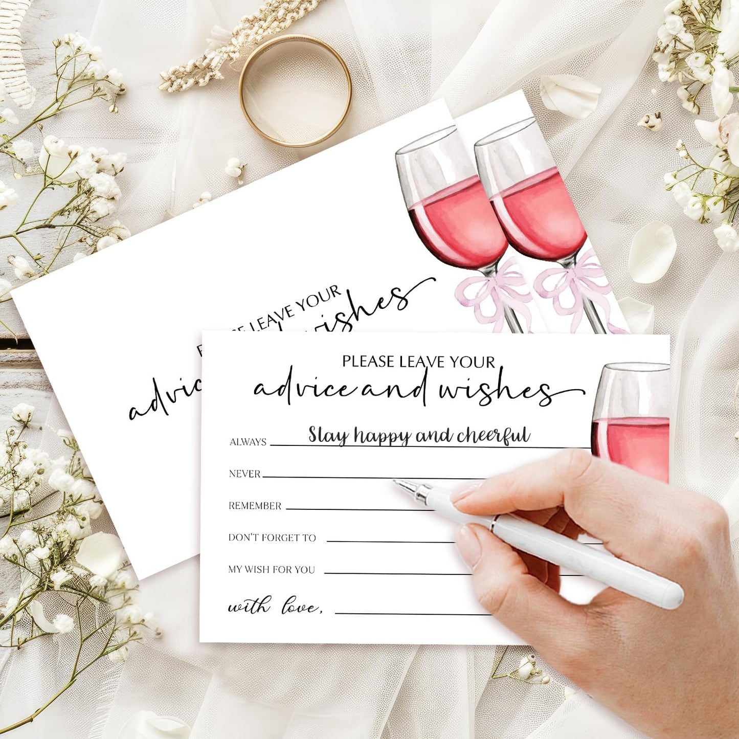 25 Advice and Wishes Cards, Red Wine & Bow Fill-In Advice Cards for Bridal Shower Wedding Birthday Party Baby Shower Graduation Party, Well Wishes Card for Mr & Mrs Adults, Party Supplies -05