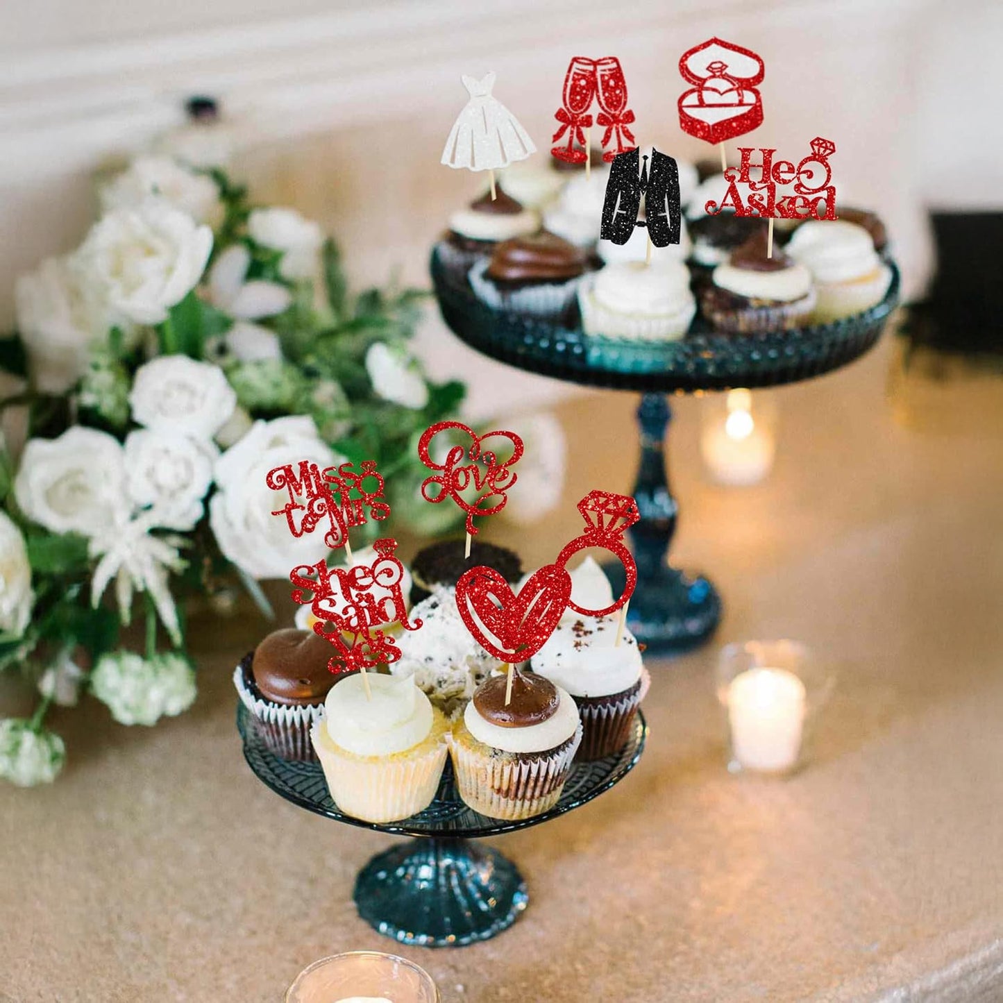 Gyufise 30Pcs She Said Yes Cupcake Toppers Glitter Diamond Ring I Do Love Cupcake Picks Miss to Mrs He Asked Bridal Shower Wedding Engagement Bachelorette Cake Decoration Red