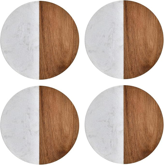 I-LAN 4-Pack Marble and Acacia Wood Coasters, 4-Inch Round Natural Wood Drink by ilan