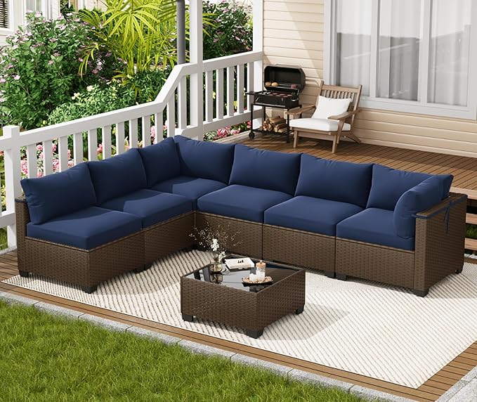 LOUVIXA 7 Piece Outdoor Patio Furniture Set, Outdoor Sectional Sofa, Wicker - Image 7