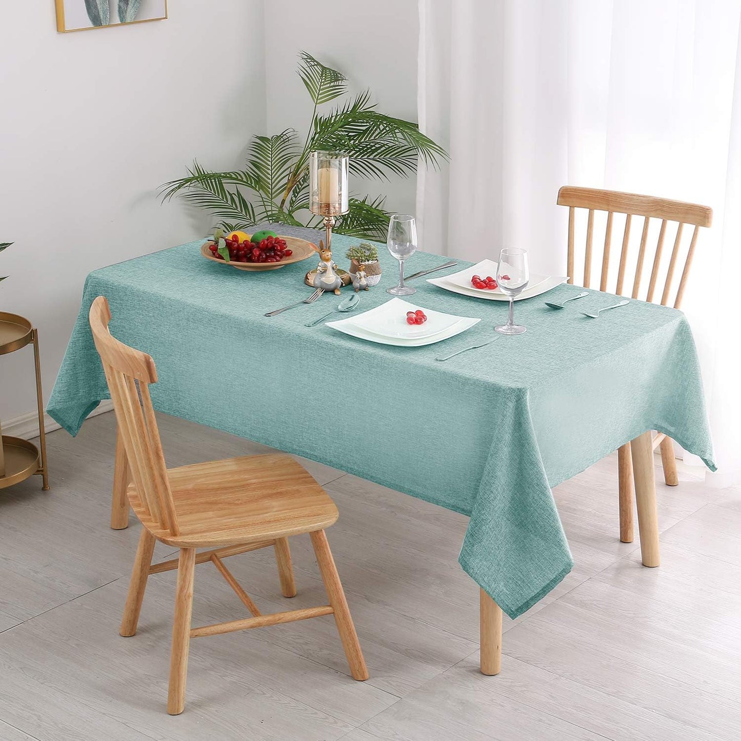 Hiasan Faux Linen Rectangle Tablecloth - Wrinkle and Stain Resistant Washable Table Cloth for Kitchen Dining Room Holiday Table Cover for Party Dinner, Aqua, 90 x 156 Inch