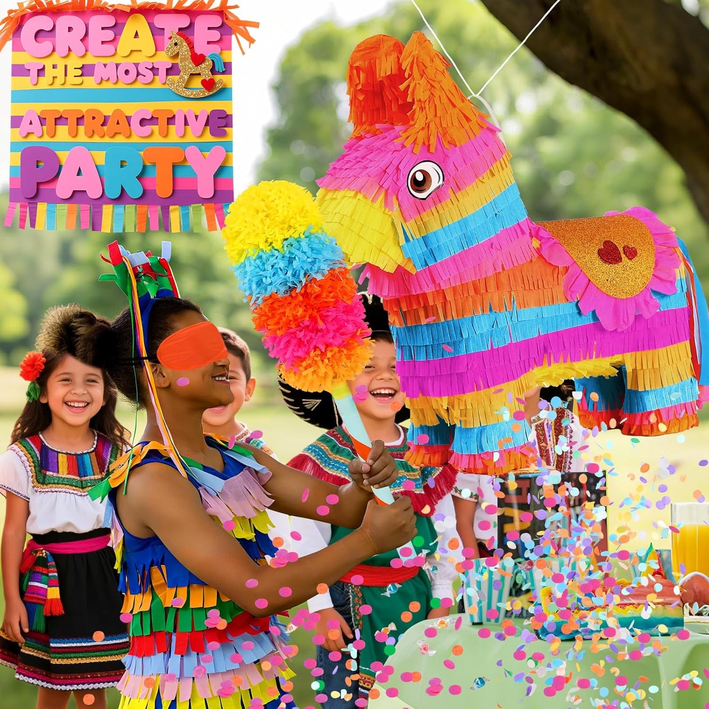 Cinco De Mayo Donkey Pinata with 24" Stick and Rope | Large Rainbow Piñata Decorations for Birthday Party, Taco Tuesday, Mexican Theme Fiesta (16 X 13.5 X 5.7 In)