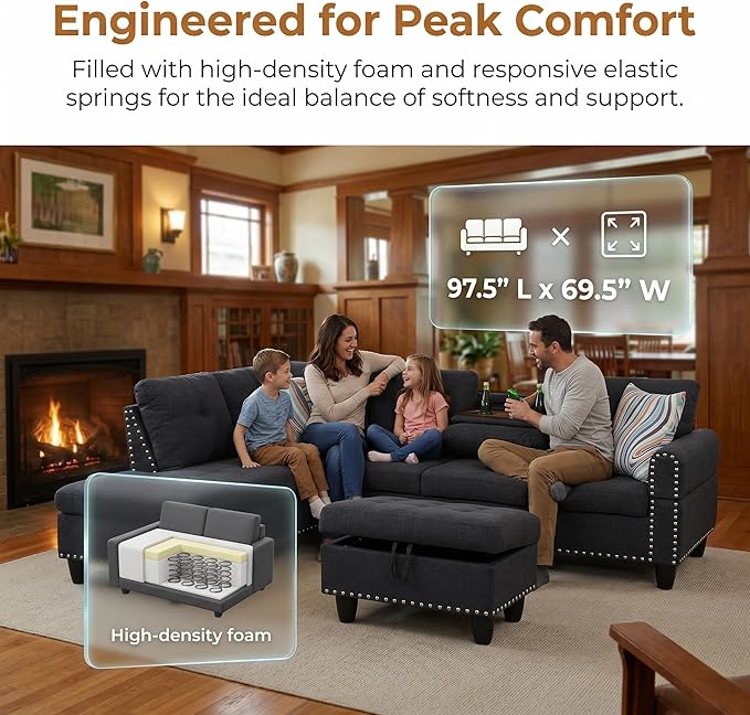 97.5" L Shaped Couch Set Linen, Modular Sectional Couches - Image 6