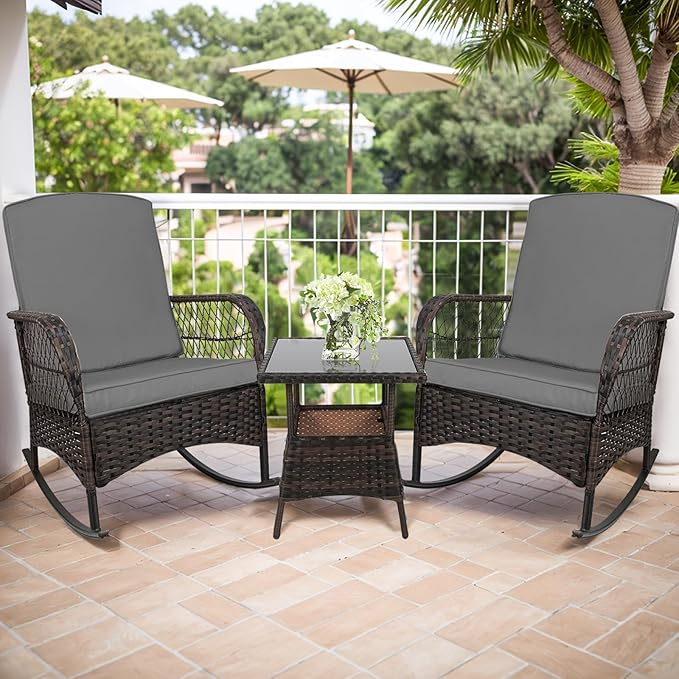 LEVELEVE 3 pcs Rocking Bistro Set Conversation Chairs PE Wicker Outdoor Rocking - Image 7