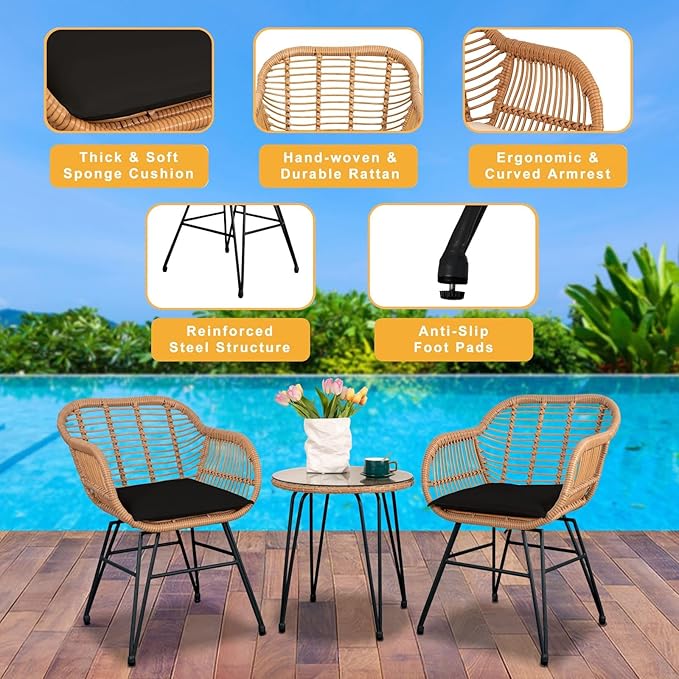 3 Piece Outdoor Wicker Furniture Bistro Set, Rattan Chairs Conversation Sets - Image 2