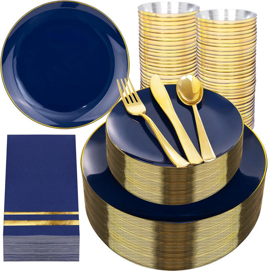 NOCCUR 350PCS Navy Blue Plastic Plates - Blue Disposable Dinnerware Set for 50 Guests, 100 Dinner/Dessert Plates, 150 Gold Silverware, 50 Cups&50 Napkins for Party/Wedding/Labor Day