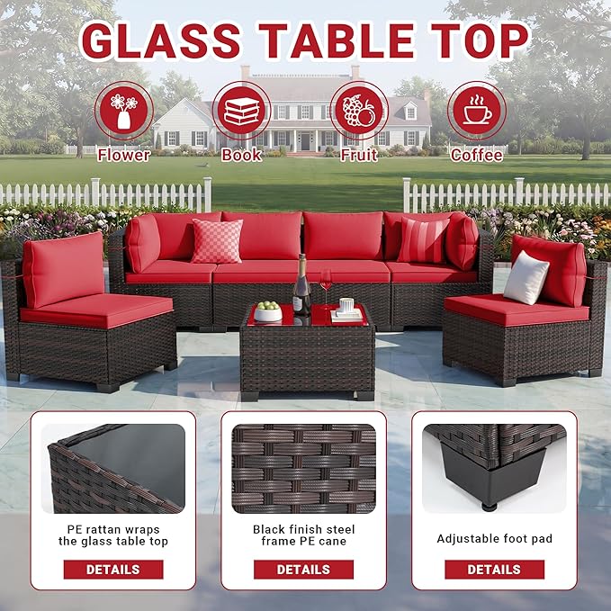 CHABATREE 7pcs Outdoor Patio Furniture Sets, Rattan Conversation Sectional Set - Image 4