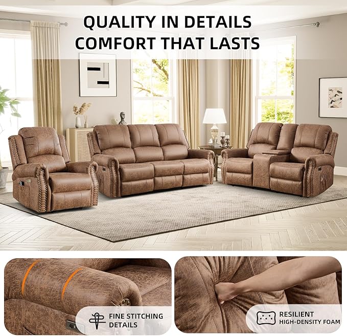EBELLO Faux Leather Power Recliner Sofa Furniture Set, Included Electric - Image 4