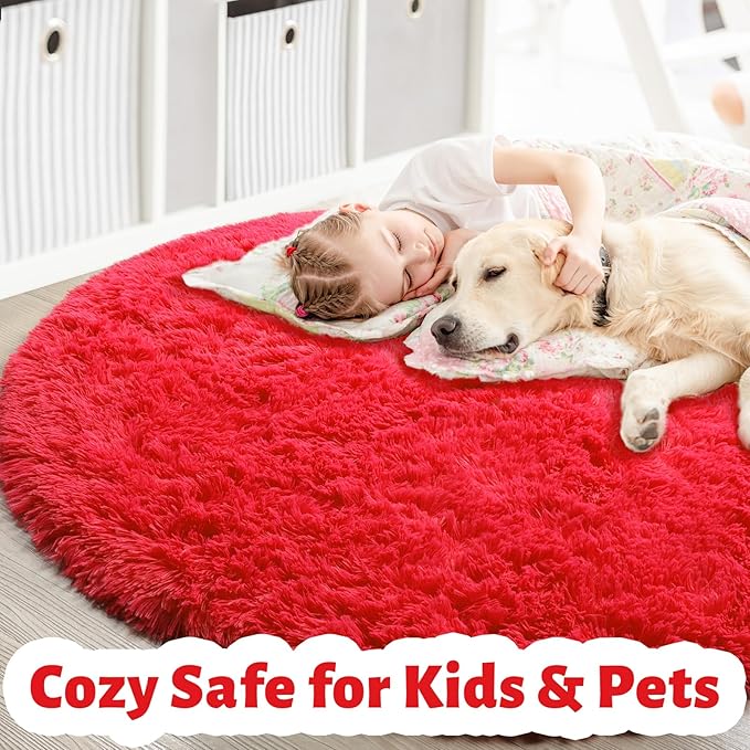 Red Round Rug 4Ft for Bedroom, Fluffy Shag Circle Area Rugs for Kids Room Decor - Image 4