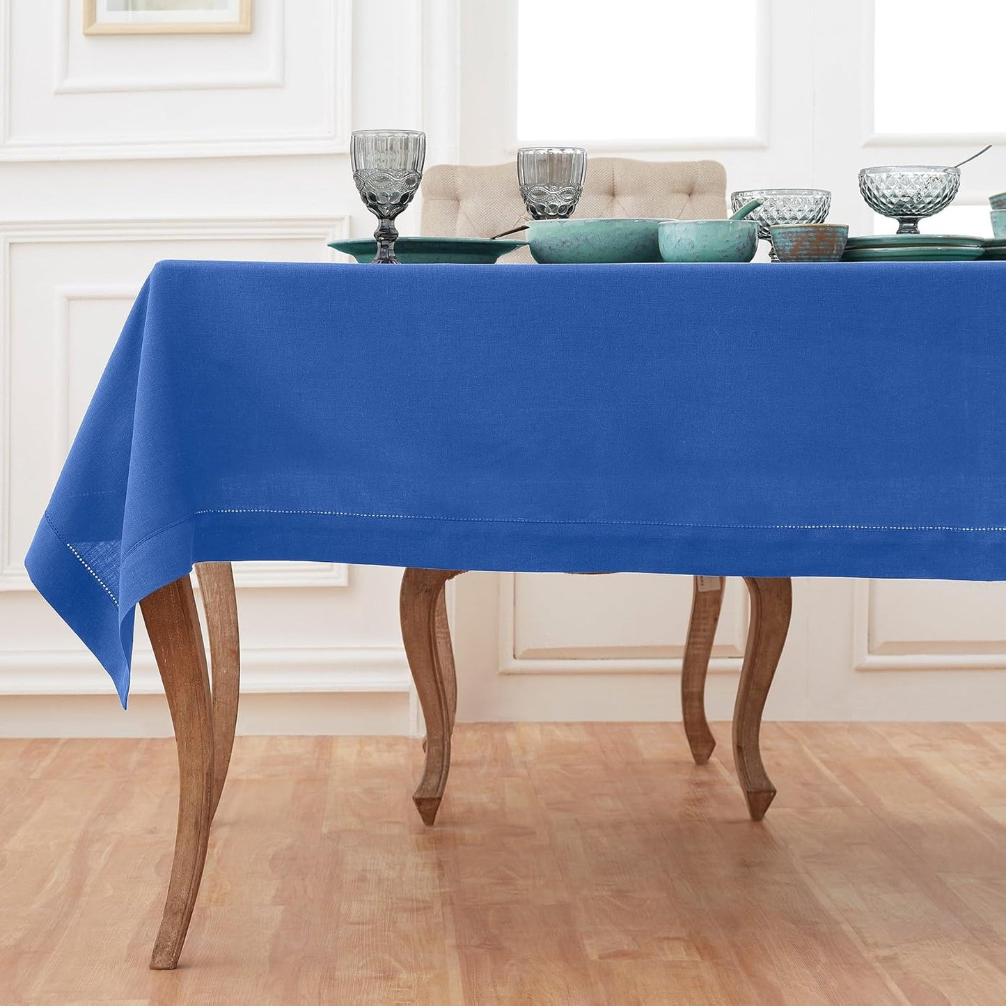 Solino Home Royal Blue Linen Tablecloth 60 x 144 Inch - 100% Pure Linen Hemstitch Table Cloth for Rectangle Tables - Classic Hemstitch, Machine Washable Tablecloth