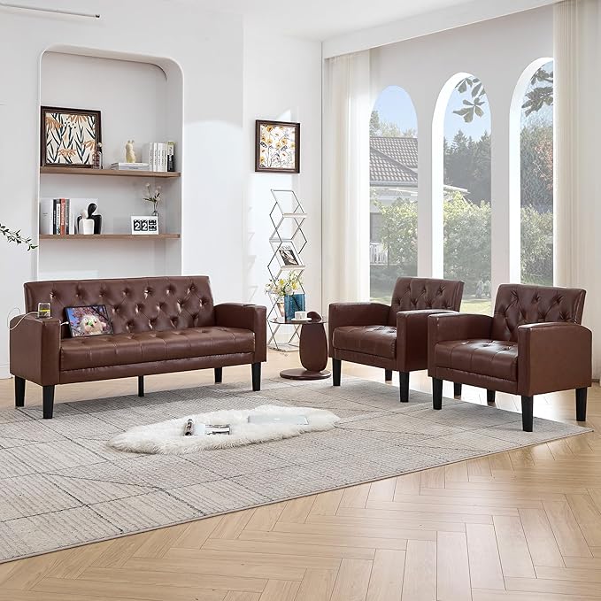 TYBOATLE 62" W Leather Loveseat w/Chairs, 3 Piece Sofa Sets by TYBOATLE