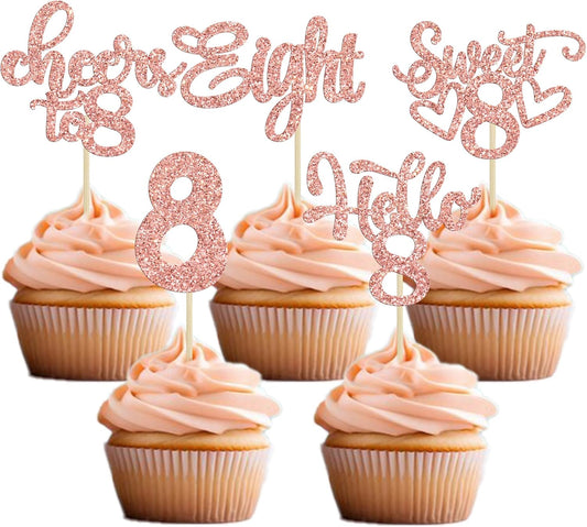 30Pcs 8th Birthday Cupcake Toppers Glitter Eight Hello 8 Cupcake Picks Cheers to 8 Years Old Cake Decorations for 8th Birthday Party Supplies Rose Gold