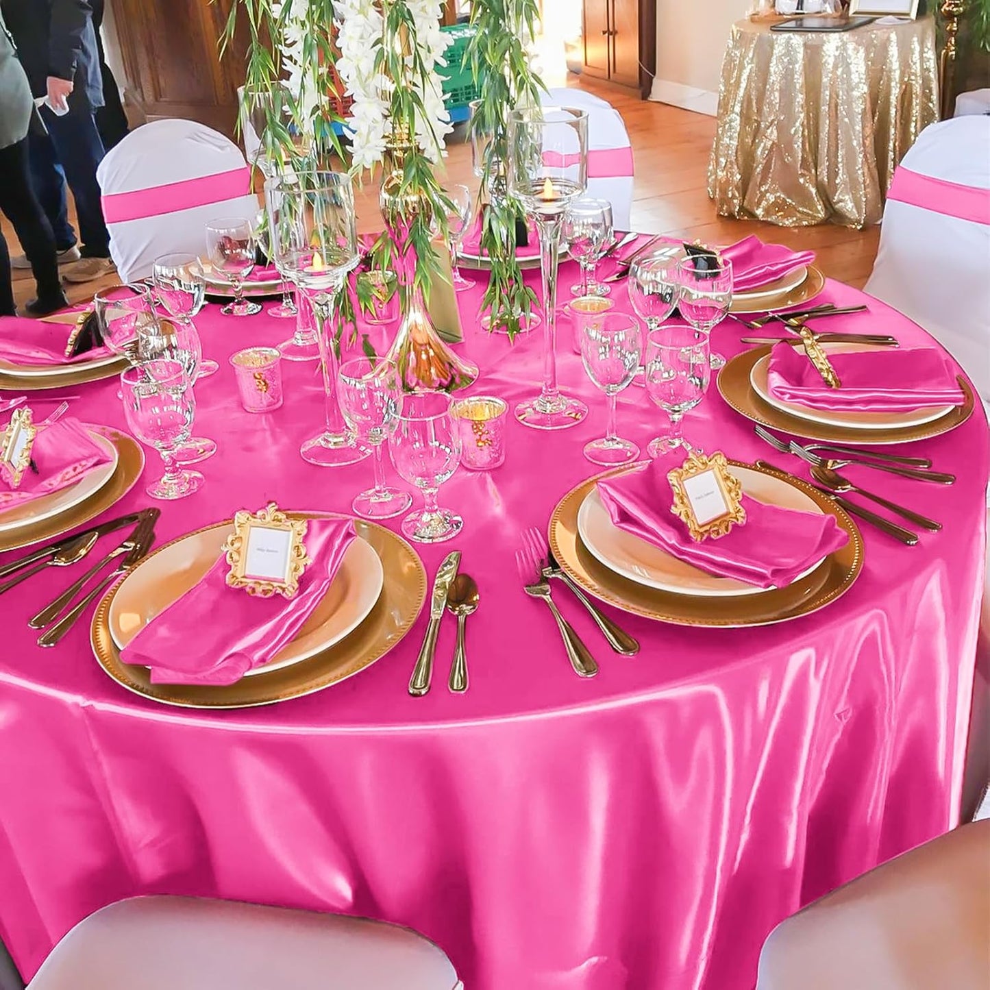 12 Pack 108 Inch Hot Pink Satin Tablecloth - Silky Round Tablecloth Overlay Smooth Fabric Table Cover, Bright Table Decoration for Wedding Party Banquet Events Restaurant Kitchen Dining