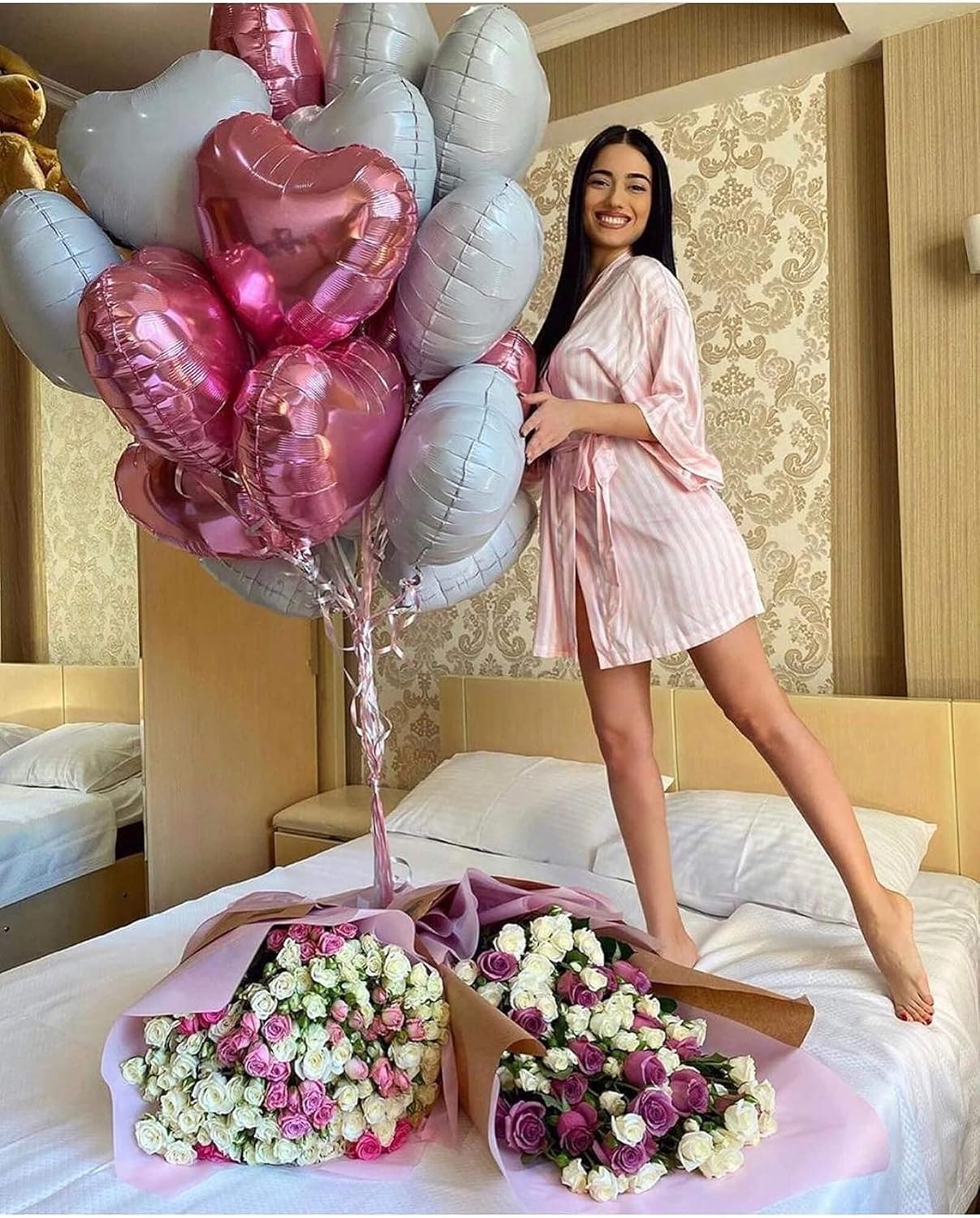 10Pcs Grey White Foil Heart Shaped Balloons 18 Inch Mylar for Baby Shower, Wedding, Valentine Decorations - Love Party Decor