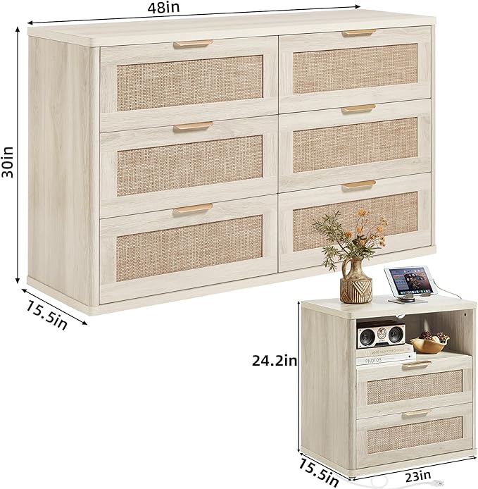 LEYAOYAO Rattan Dresser and Nightstand Set of 2, Boho Wood Dresser - Image 3