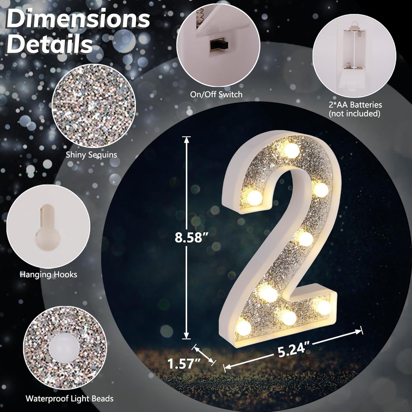 Marquee Light Up Letters, Glitter Silver LED Letter Lights Battery Powered Alphabet Letter Sign for Night Light Wedding Birthday Party Cafe Bar Decoration Girls Room Decor - Number 2