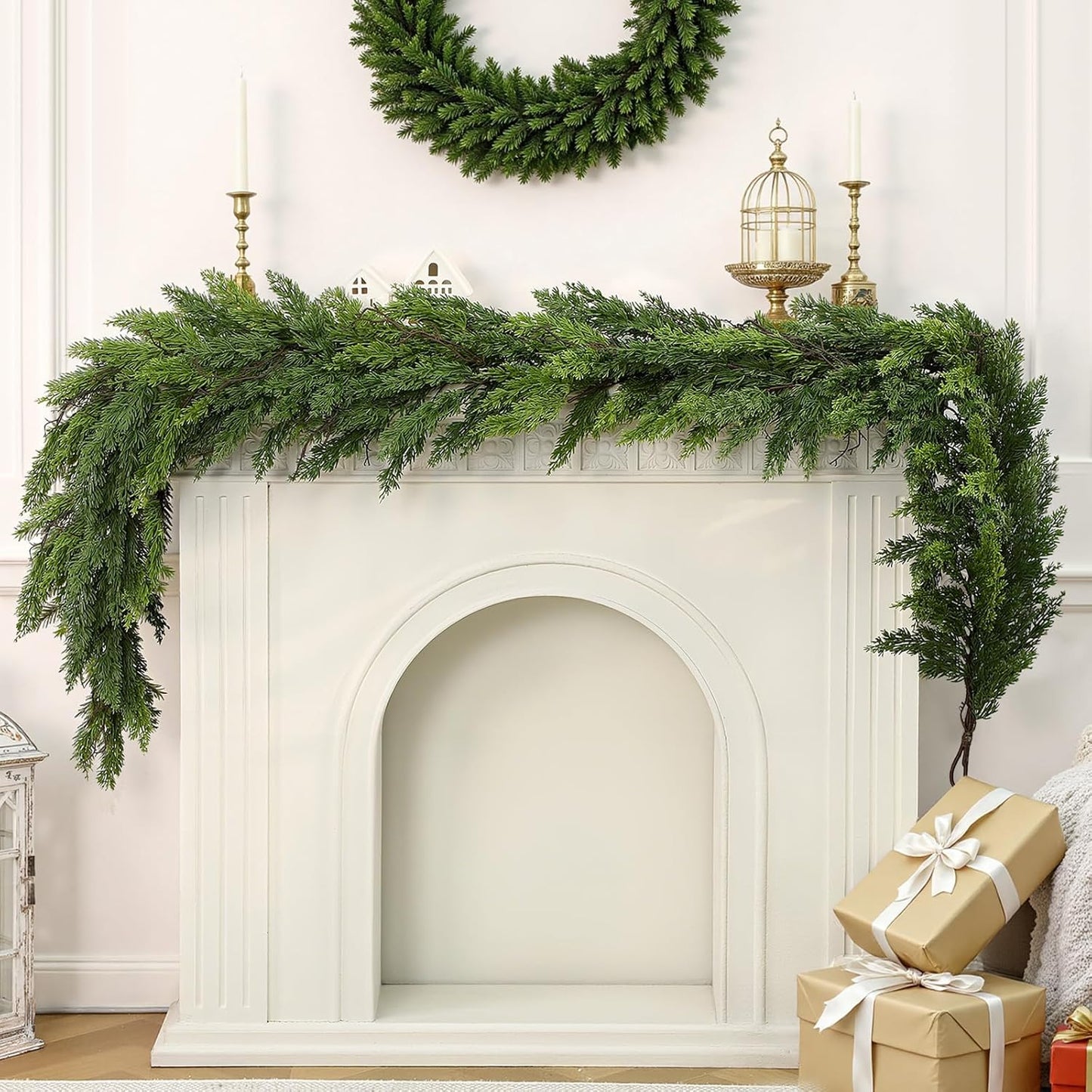 12FT Artificial Christmas Garland, Real Touch Greenery Cypress Pine Garland for Mantle Table Railing Fireplace Indoor & Outdoor Christmas Decoration