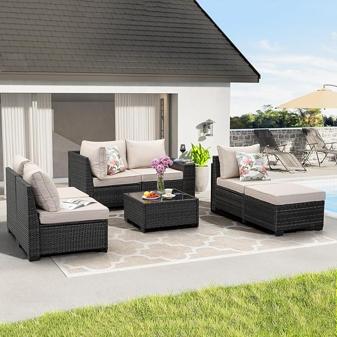 JOYURE 7 Pieces Patio Furniture Set All-Weather Outdoor Wicker Sectional - Image 8