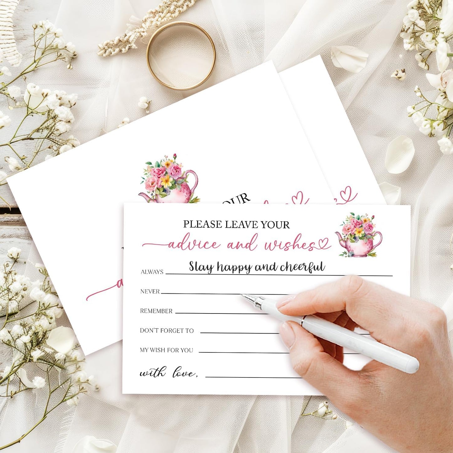 25 Advice and Wishes Cards, Floral & Teapot Fill-In Advice Cards for Bridal Shower Wedding Birthday Party Baby Shower Graduation Party, Well Wishes Card for Mr & Mrs Adults, Party Supplies -06