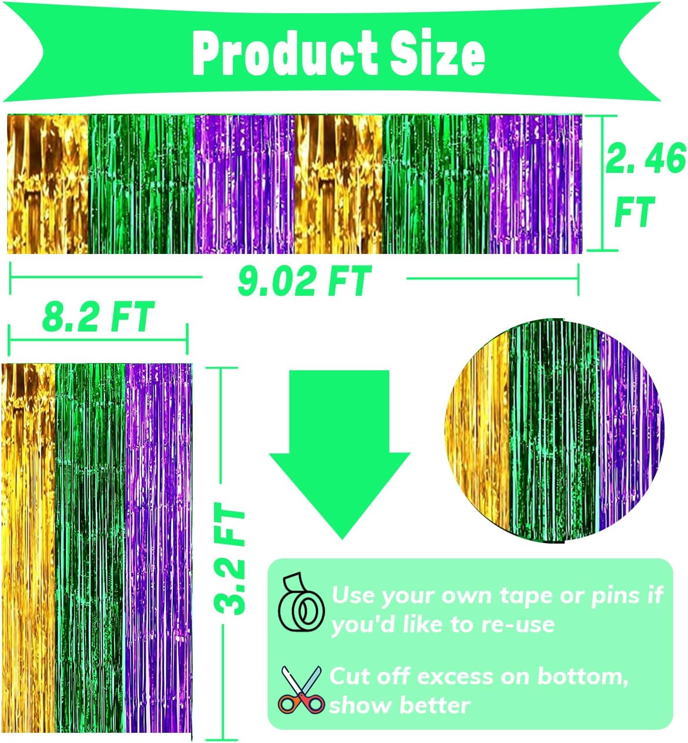 4P Metallic Foil Fringe Tinsel Table Skirts for Rectangle Tables Backdrop Banner Streamer Garland Curtains Parade Floats Wedding Graduation Anniversary Birthday Parties Decoration (Gold Green Purple)