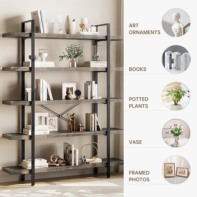 OtterOasis Bookshelf Set, Heavy Duty 5-Tier Industrial Bookcase, 120lbs Shelf - Image 3