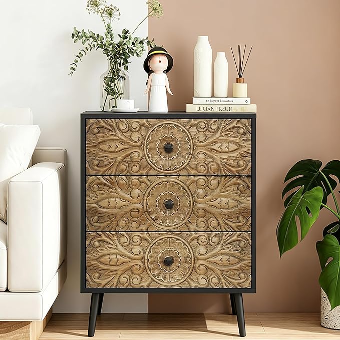 Carved Black Wood Nightstand, 3 Drawers Accent Cabinet, Vintage End Table - Image 2