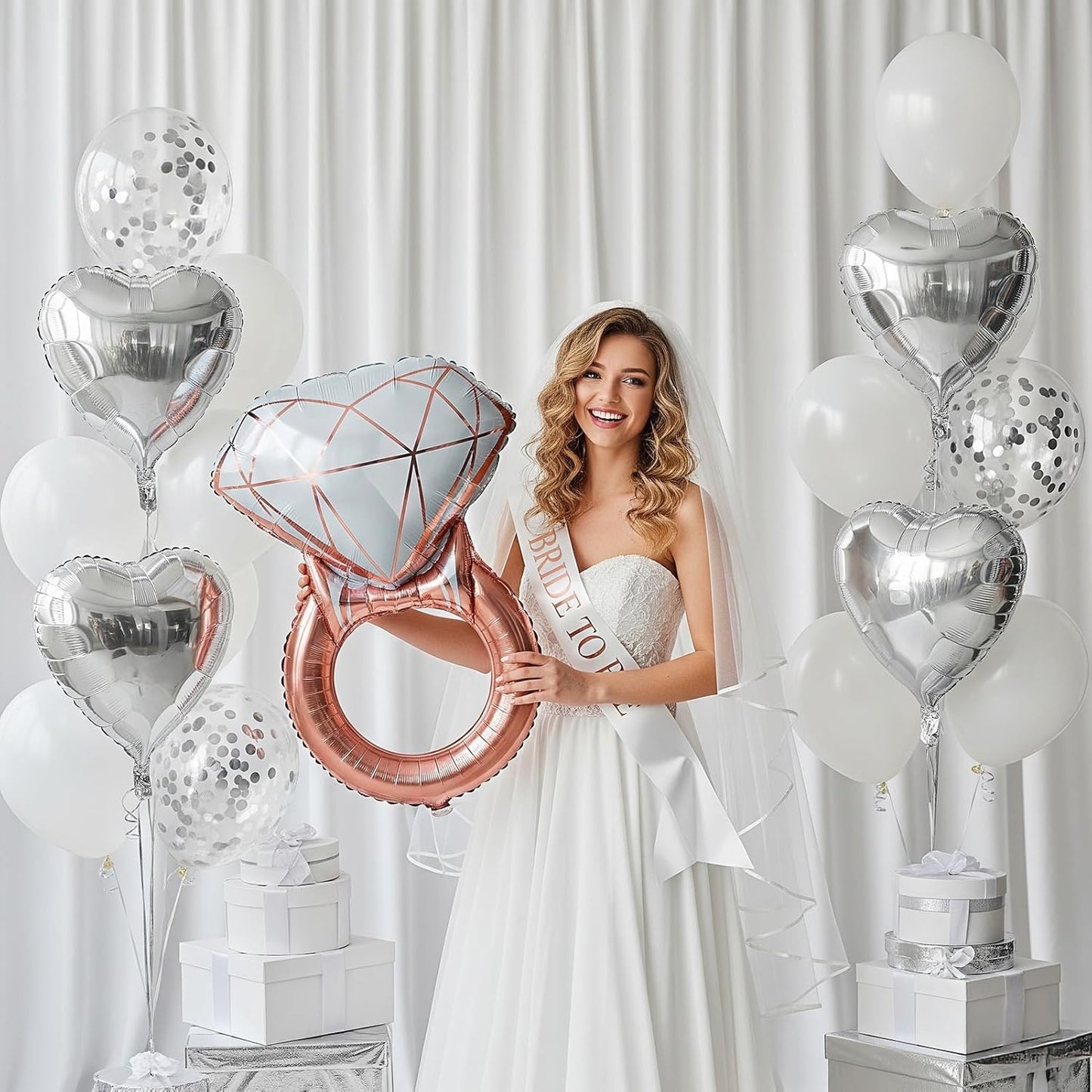 Silver Decorations pearl White balloons Bridal Veil BRIDE TO BE Balloons Sash with Diamond Ring Heart Champagne Balloons Bridal Veil for Bachelorette Party Decor Bride To Be Bridal Shower