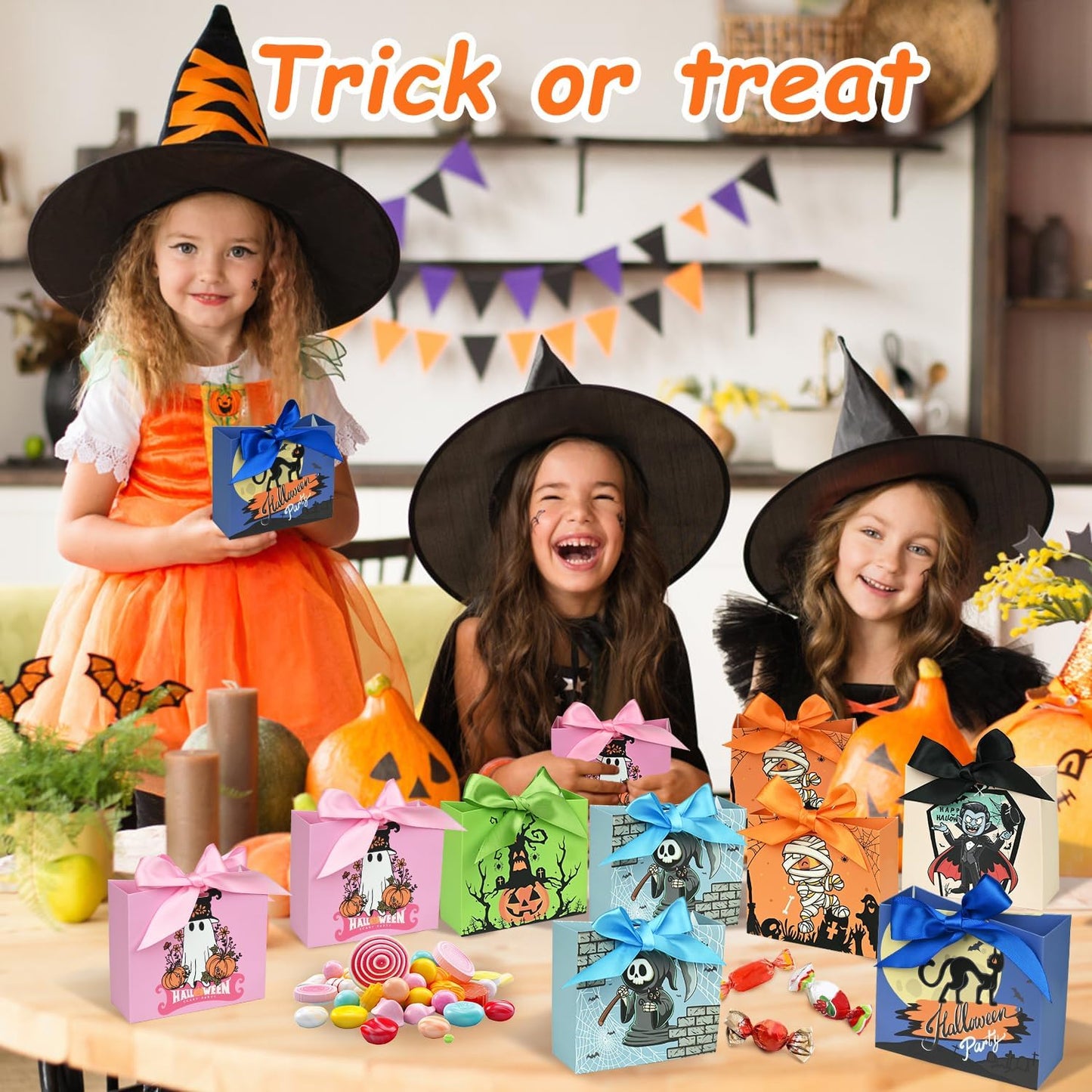 24PCS Halloween Goodies Bags, Trick or Treat Candy Gift Paper Bags Bulk with Ribbons, Halloween Treat Boxes for Kid, Party Favor, Classroom Exchange, Home Decoration 4.5 x 3.9 x 1.7 Inches