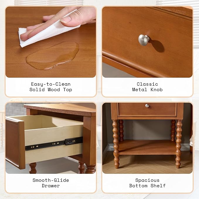 AMERLIFE 24" Wooden Nightstand Set of 2, Vintage Bedside Table - Image 7