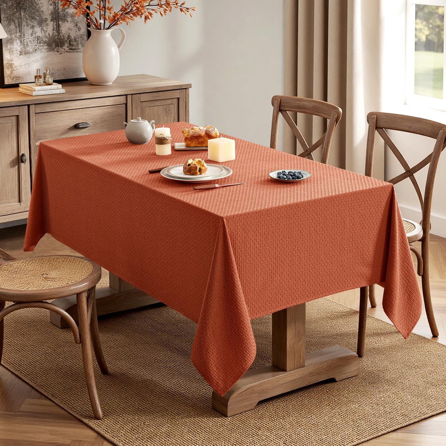 MIULEE Fall Tablecloth Burnt Orange Linen Cottton Table Cloth Rectangle Waterproof Spillproof Cross-Star Textured Decorative Farmhouse Style for Dining Party Weddings 52x70 Inch