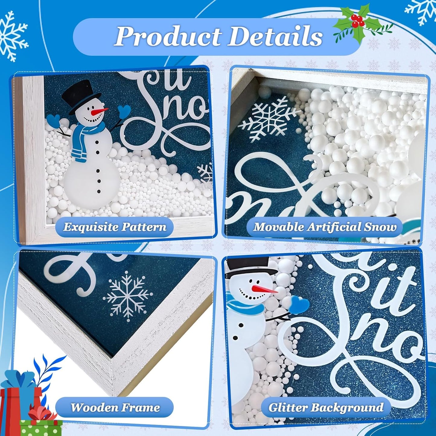 Christmas Wooden Tabletop Sign Blue Snowman with Snowflake Block Sign Xmas Table Centerpiece for Winter Holiday Party Home Shelf Fireplace Mantle Decoration