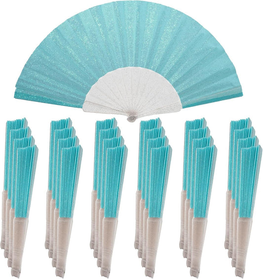 24 Pack Handheld Fan,Folding Hand Glitter Fan with Shining Transparent Fan Rib – Ideal for Wedding, Church, Festival, Dance, Tea Party, Club, and EDM Accessories, Sky Blue