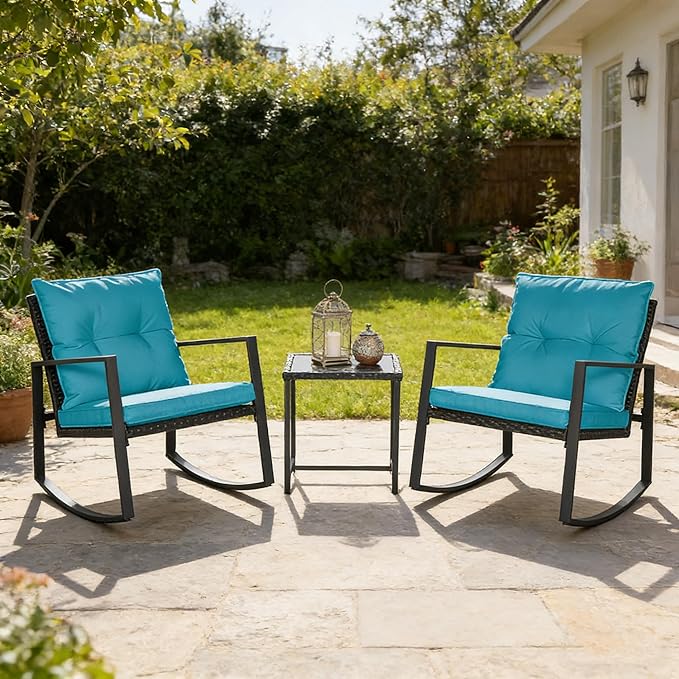 SUNCROWN 3 Piece Outdoor Rocking Bistro Set Black Wicker Furniture Porch Chairs - Image 3