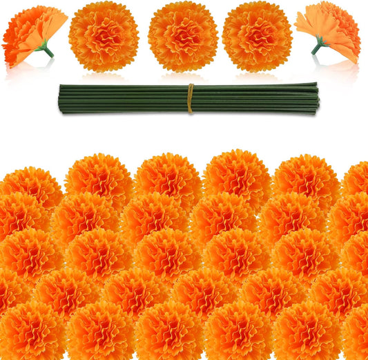 Hananona 50Pcs Artificial Marigold Flower Heads, Silk Marigold Heads Bulk Fake Flowers for Dia De Los Muertos Decor DIY Marigold Garland Day of The Dead Decorations